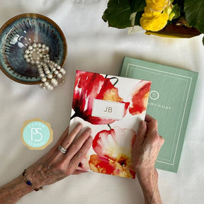 Mother s hands holding a beautiful Softcover personalized Bible journal with Red Floral artwork, featuring a one-of-a-kind selection of scriptures for quiet time, prayer, and devotional writing