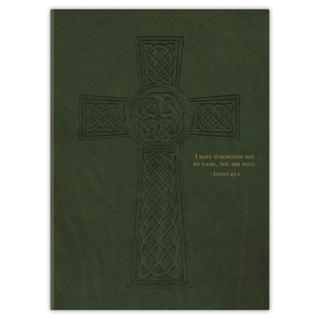 A green planner with a Celtic cross design on the cover and a scripture verse.