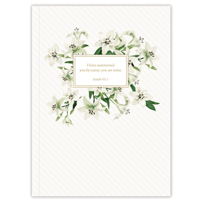 Personalized Bible journal with Easter lily artwork, elegant spring floral design with curated Bible verses for journaling and reflection