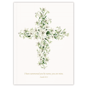 Softcover Easter Lily Cross Bible journal with delicate lily and cross design, personalized scripture journal featuring a one-of-a-kind selection of scriptures for quiet time and devotion
