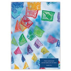 A colorful planner cover featuring a pattern of hanging paper decorations, known as Papel Picado, with a quote from Isaiah 43:1 in a blue background.