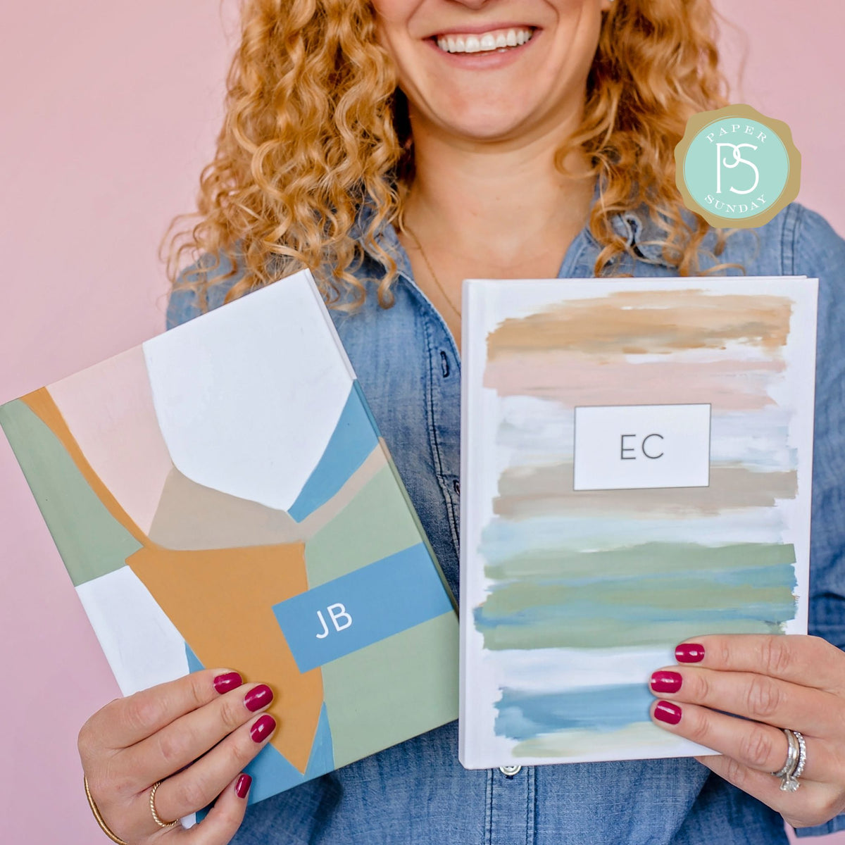 Girl holding two personalized scripture journals, Perfectly Imperfect and Rise Up, showcasing artist-designed covers and curated Paper Sunday Bible verse journals for daily reflection