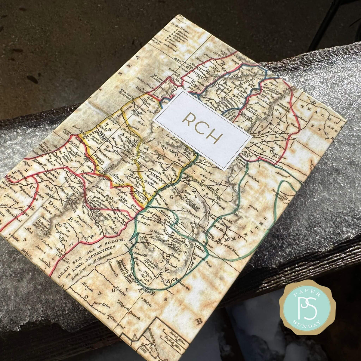 Softcover Holy Land Bible journal for men featuring vintage map artwork of the Holy Land, personalized scripture journal with a one-of-a-kind selection of curated scriptures for study and reflection