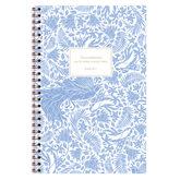 Chinoiserie Bird personalized scripture journal with wire coil binding by Paper Sunday, decorative blue and white bird design with a unique curated set of Bible verses for daily reflection