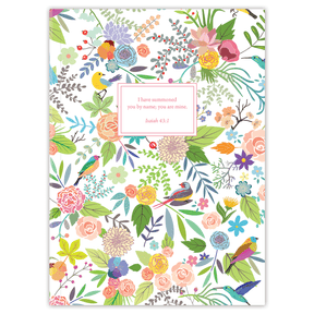 Softcover Birds in Paradise Bible journal with vibrant tropical artwork, personalized scripture journal featuring a one-of-a-kind selection of scriptures for quiet time and devotion