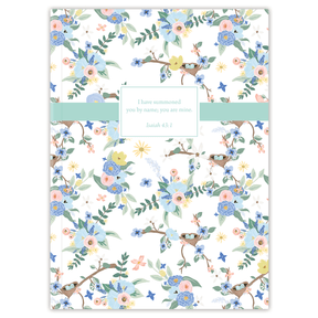Softcover Blue Birdie Bible journal with a light and peaceful bird design, personalized scripture journal featuring a one-of-a-kind set of curated verses for quiet time and journaling