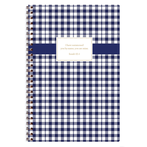 personalized blue plaid planner with wire coil binding and custom name on classic pattern