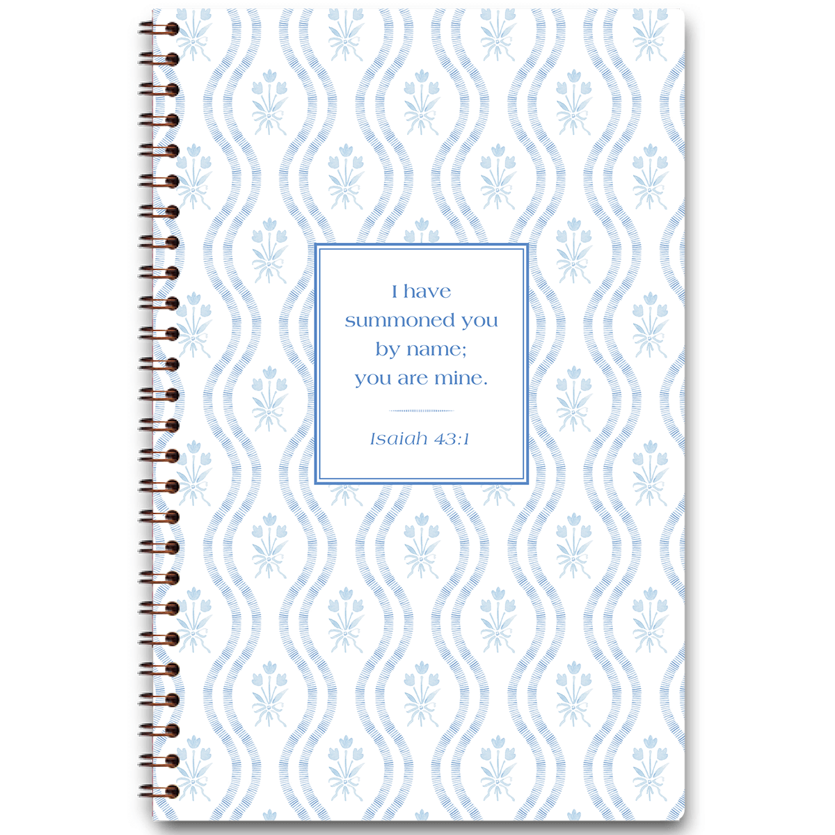 Blue Tulips personalized scripture journal with wire coil binding featuring artist-designed tulip cover by Lydia Carraway for Paper Sunday, each journal includes a unique curated set of Bible verses for daily reflection