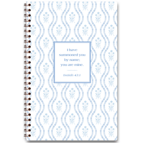Blue Tulips personalized scripture journal with wire coil binding featuring artist-designed tulip cover by Lydia Carraway for Paper Sunday, each journal includes a unique curated set of Bible verses for daily reflection