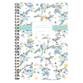 Blue Birdie personalized scripture journal with wire coil binding by Paper Sunday, soft nature-inspired design with a unique collection of hand-selected Bible verses for daily writing and reflection