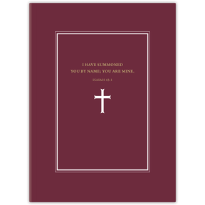 Hardcover Burgundy Cross personalized scripture journal for men, refined Christian journal with bold cross design and carefully selected Bible verses for daily discipline and spiritual growth