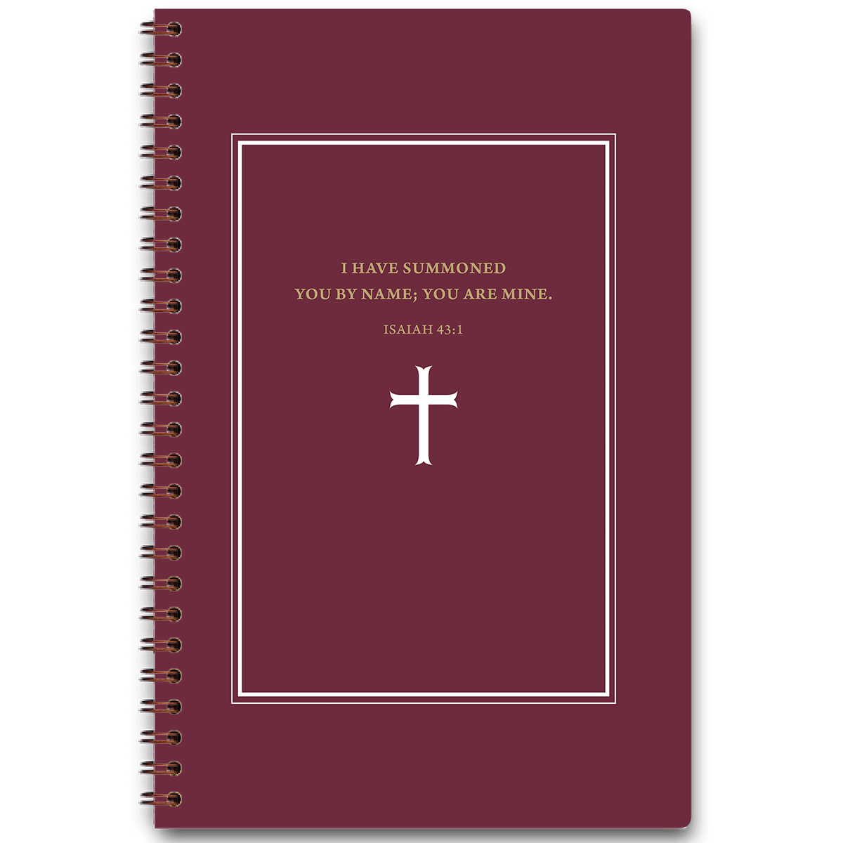 Burgundy Cross personalized scripture journal for men with wire coil binding by Paper Sunday, deep red cross design with a unique curated set of Bible verses for daily reflection