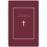 Burgundy Cross personalized scripture journal for men with wire coil binding by Paper Sunday, deep red cross design with a unique curated set of Bible verses for daily reflection