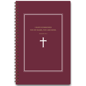 personalized burgundy cross planner with wire coil binding and custom name on classic design