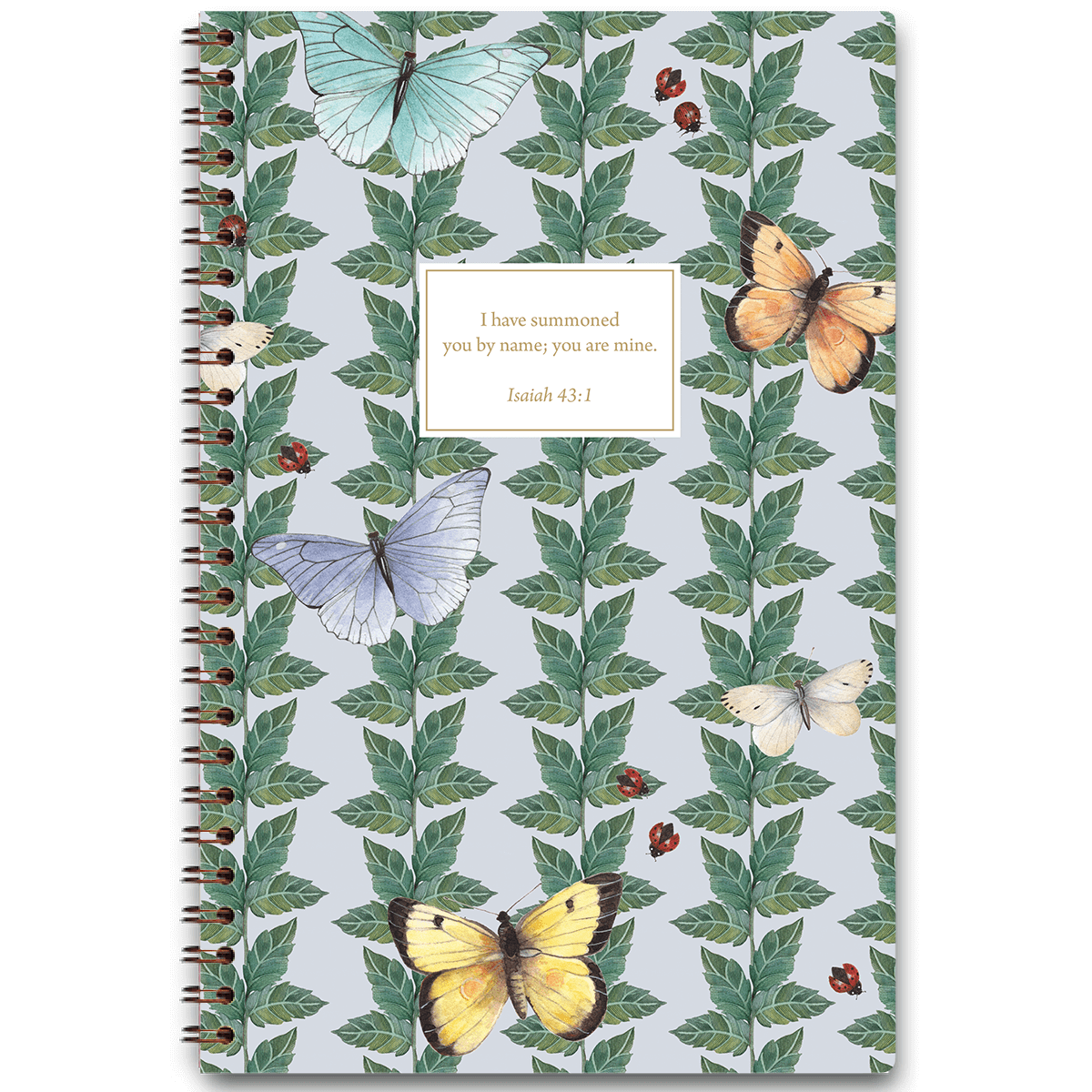 Butterfly personalized scripture journal with wire coil binding featuring artist-designed butterfly cover by Lydia Carraway for Paper Sunday, each journal includes a unique curated set of Bible verses for daily reflection
