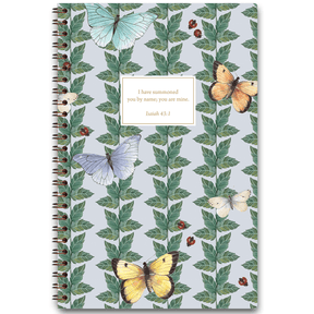 Butterfly personalized scripture journal with wire coil binding featuring artist-designed butterfly cover by Lydia Carraway for Paper Sunday, each journal includes a unique curated set of Bible verses for daily reflection