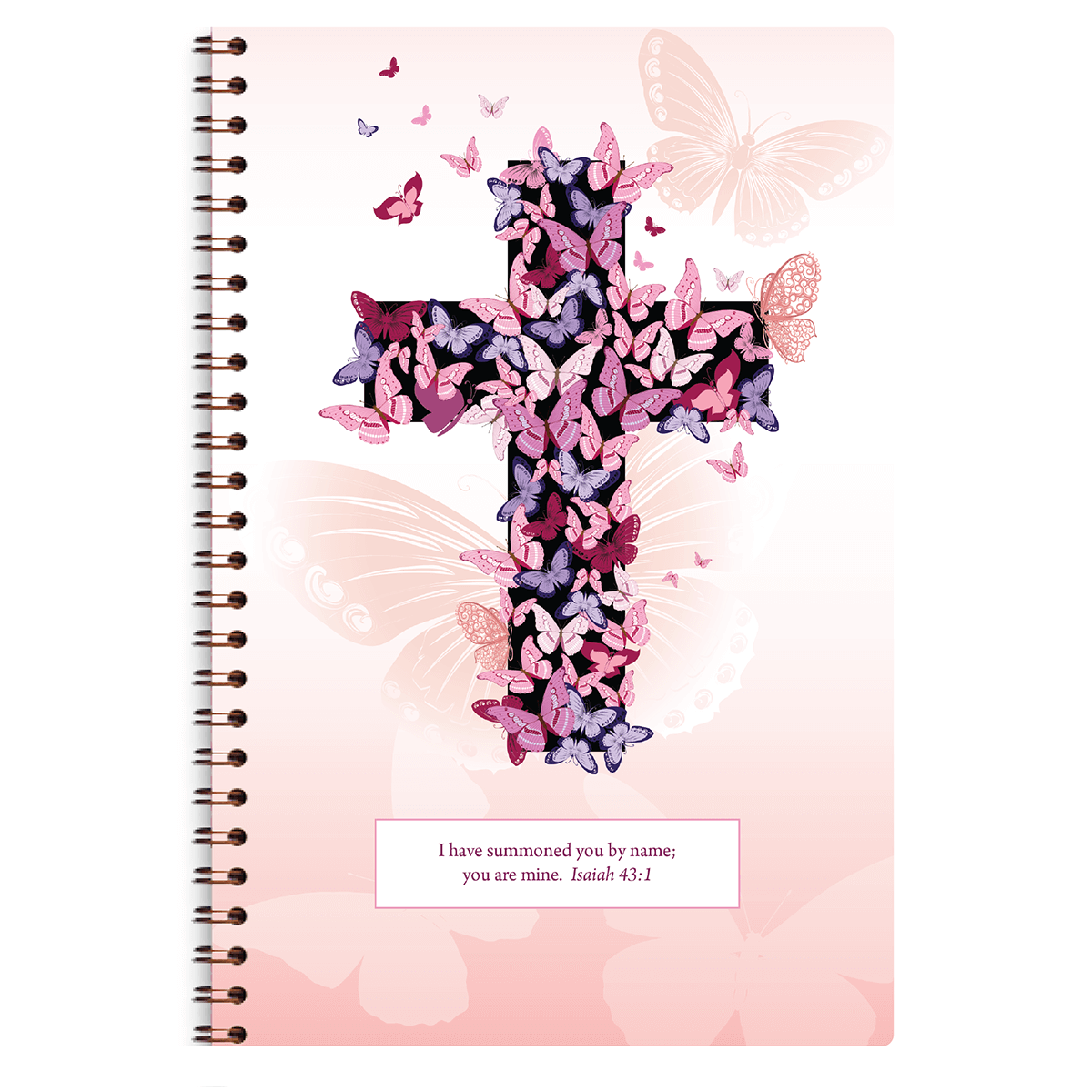 Personalized scripture journal with wire coil binding featuring Pink Butterfly Cross design by Paper Sunday, Christian journal for daily reflection and devotional writing