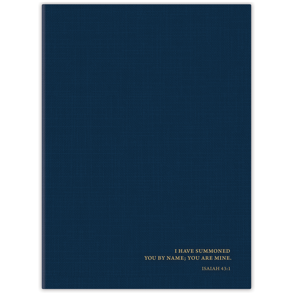 Hardcover navy linen personalized scripture journal for men, durable and refined Christian journal with uniquely curated Bible verses for consistent daily reflection and growth