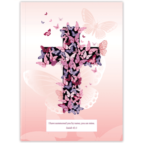 personalized pink butterfly cross planner with durable hardcover and custom name on pink butterfly cross design