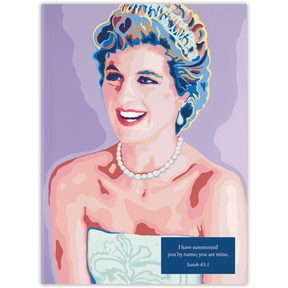 A cover of a planner featuring a colorful illustration of a woman with a pearl necklace and a floral dress, looking joyful, against a purple background. There is also a text box with a scripture verse.