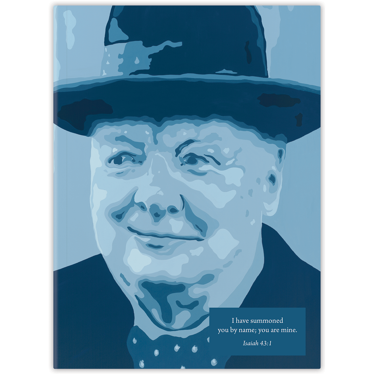 A cover of a planner featuring a stylized portrait of Winston Churchill in a blue tone with a hat, and a scripture verse.