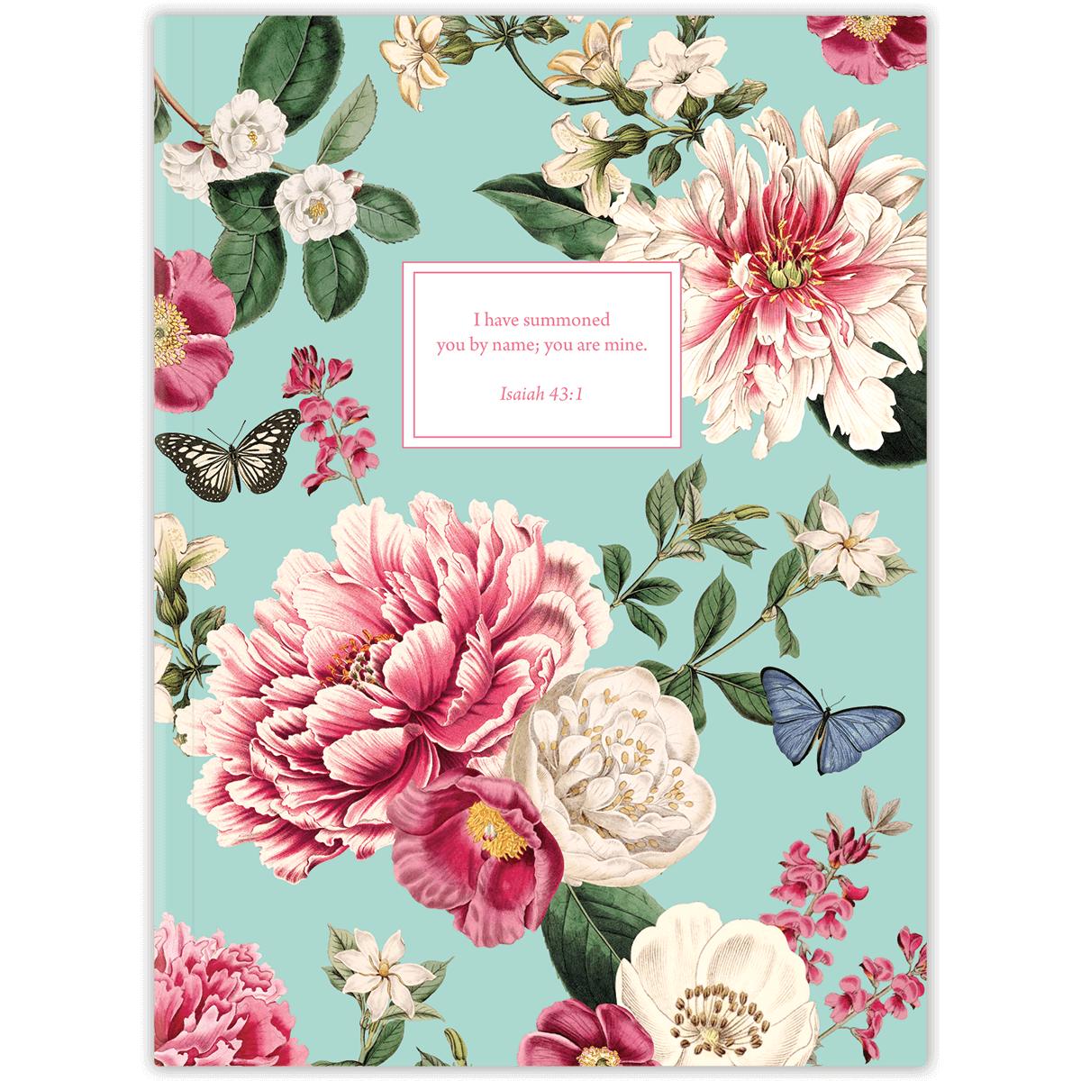 A planner with a floral design featuring large colorful flowers and butterflies on a light background, with a text box for personalization.