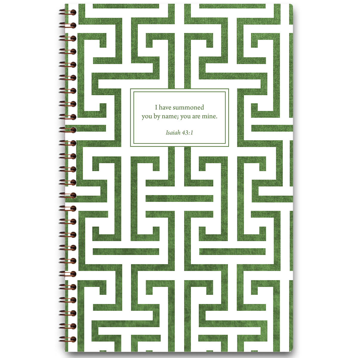 personalized green maze planner with wire coil binding and custom name on patterned design