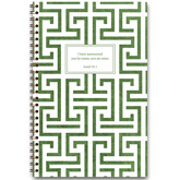 personalized green maze planner with wire coil binding and custom name on patterned design