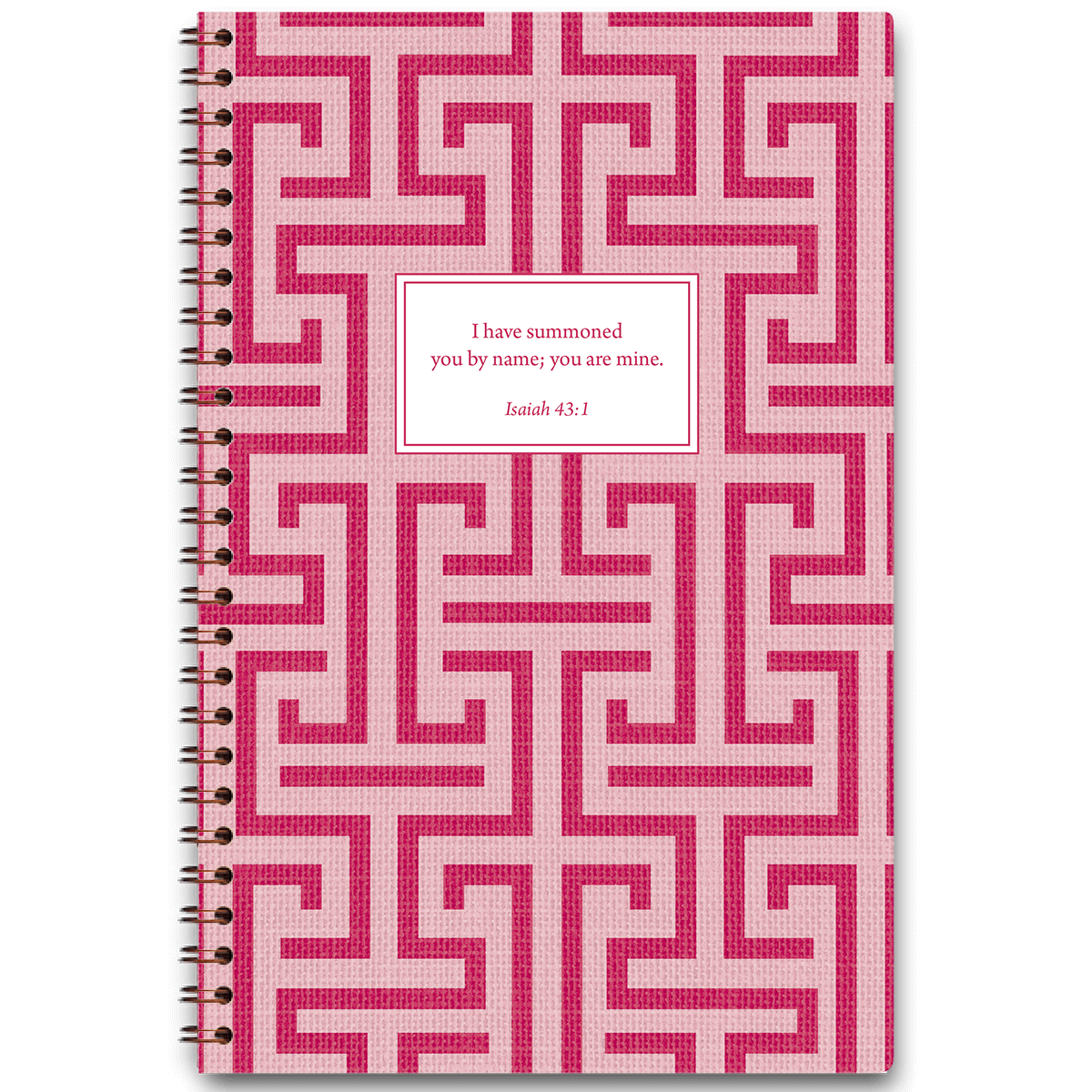 Linen Maze personalized scripture journal with wire coil binding by Paper Sunday, textured linen cover with geometric maze pattern and a unique curated set of Bible verses for daily writing and reflection