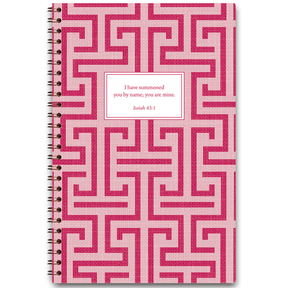 Linen Maze personalized scripture journal with wire coil binding by Paper Sunday, textured linen cover with geometric maze pattern and a unique curated set of Bible verses for daily writing and reflection