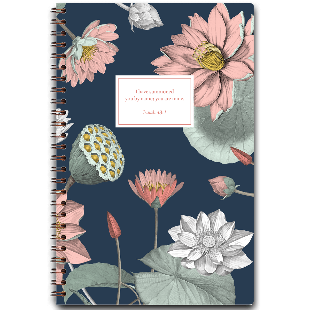 Water Lily personalized scripture journal with wire coil binding by Paper Sunday, serene floral design with a unique curated set of Bible verses for daily reflection and journaling
