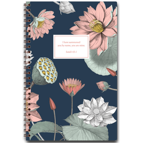 personalized water lily planner with wire coil binding and custom name on floral design
