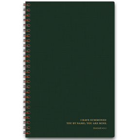 Hunter green linen personalized scripture journal for men with wire coil binding by Paper Sunday, textured fabric cover with a unique curated set of Bible verses for daily reflection and consistent use