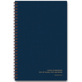 Navy linen personalized scripture journal with wire coil binding by Paper Sunday, clean minimalist design for men with a unique curated collection of Bible verses for daily reflection