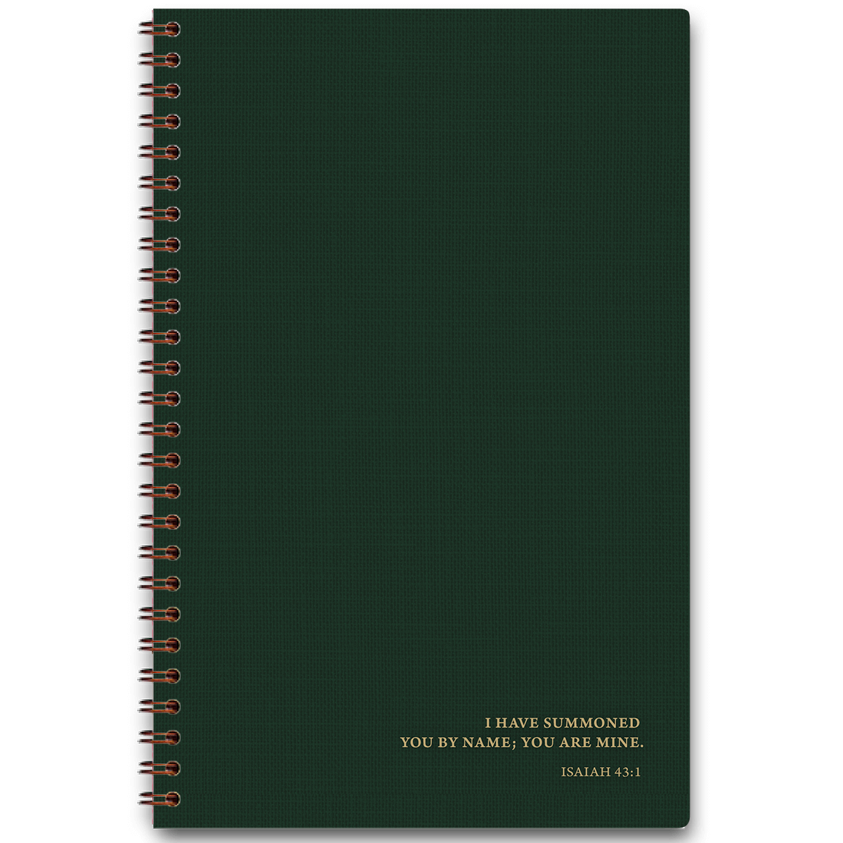 Personalized hunter linen planner with green textured cover and custom name, wire coil binding