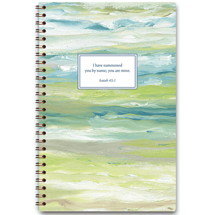 Personalized scripture journal with wire coil binding featuring artist-designed Still Waters cover by Heather Hostetter for Paper Sunday, each journal includes a unique curated set of Bible verses for peaceful daily reflection