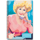 A colorful planner cover featuring an illustration of a woman on the phone, with a title tag indicating 'Dolly Parton' and a scriptural reference.