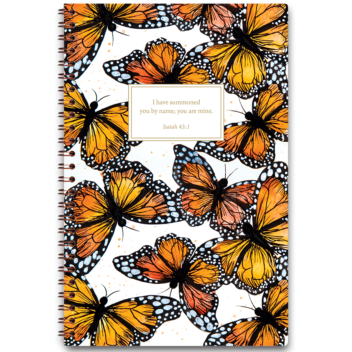 Sharon’s Monarch personalized scripture journal with wire coil binding featuring artist-designed butterfly cover by Theresa Mangum for Paper Sunday, each journal includes a unique curated set of Bible verses for daily reflection
