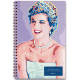 A cover of a planner featuring a colorful illustration of a woman with a pearl necklace and a floral dress, looking joyful, against a purple background. There is also a text box with a scripture verse.