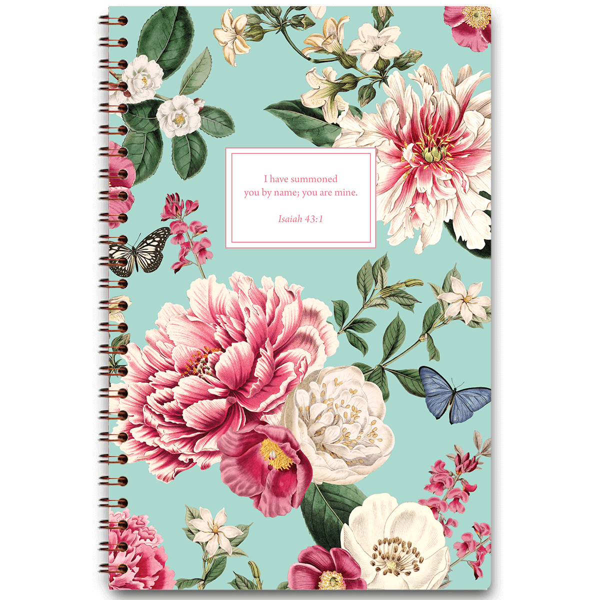 Personalized scripture journal for women with wire coil binding featuring Enchanted Garden floral design by Paper Sunday, each journal includes a unique curated set of Bible verses for daily reflection
