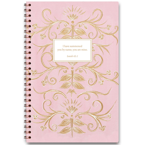 Pink Elegance personalized scripture journal with wire coil binding featuring soft pink artwork by Theresa Mangum for Paper Sunday, each journal includes a unique curated set of Bible verses for reflection
