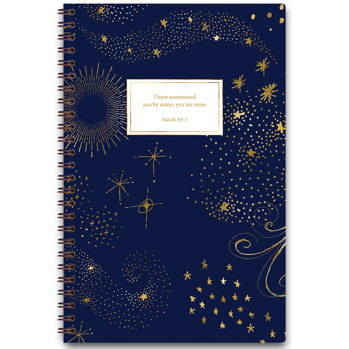 Celestial personalized scripture journal with wire coil binding featuring starry sky design, each journal includes a unique curated set of Bible verses for reflection