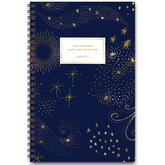 Celestial personalized scripture journal with wire coil binding featuring starry sky design, each journal includes a unique curated set of Bible verses for reflection