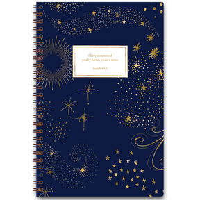 Celestial personalized scripture journal with wire coil binding featuring starry sky design, each journal includes a unique curated set of Bible verses for reflection
