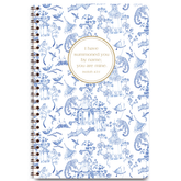 Chinoiserie personalized scripture journal with wire coil binding by Paper Sunday, classic blue and white design with a unique curated set of Bible verses for daily reflection and journaling