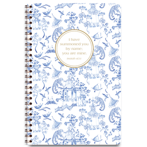 Chinoiserie personalized scripture journal with wire coil binding by Paper Sunday, classic blue and white design with a unique curated set of Bible verses for daily reflection and journaling