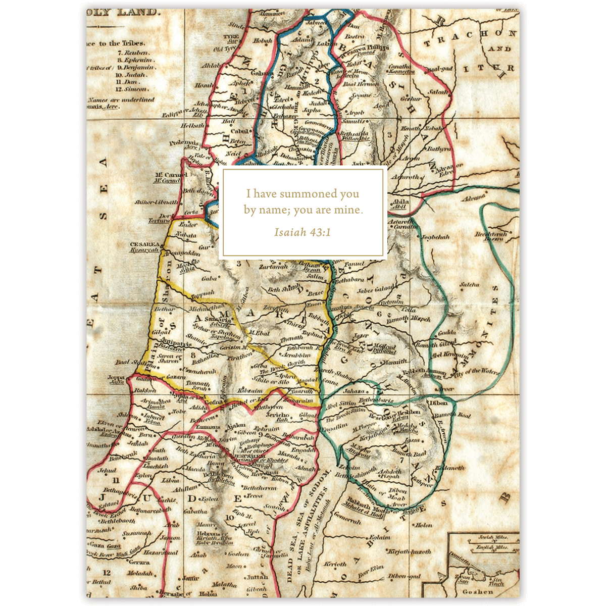 Softcover Holy Land Bible journal for men featuring vintage map artwork of the Holy Land, personalized scripture journal with a one-of-a-kind selection of curated scriptures for study and reflection