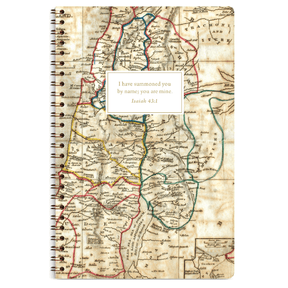 Holy Land personalized scripture journal for men with wire coil binding by Paper Sunday, old world map design of biblical lands with a unique curated set of Bible verses for daily reflection