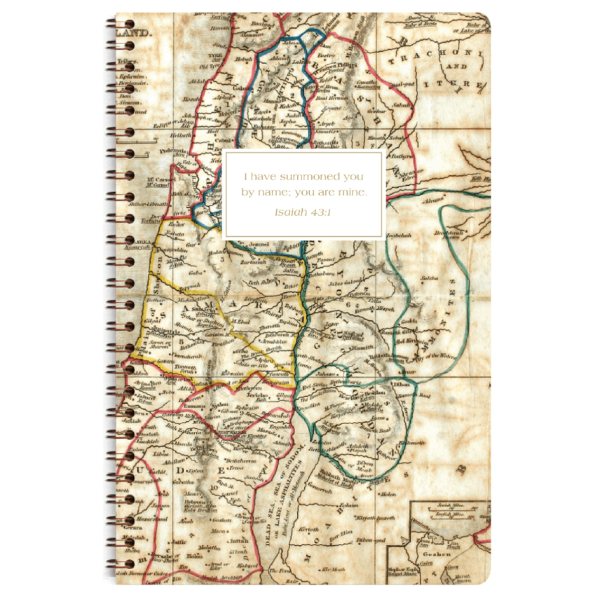 personalized Holy Land planner for women with wire coil binding and custom name on vintage map design