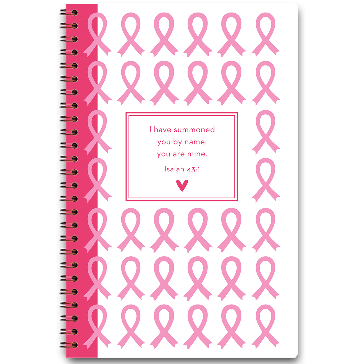 Hope Faith Love pink personalized scripture journal with wire coil binding, cancer awareness inspired design symbolizing strength and support with a unique curated set of Bible verses
